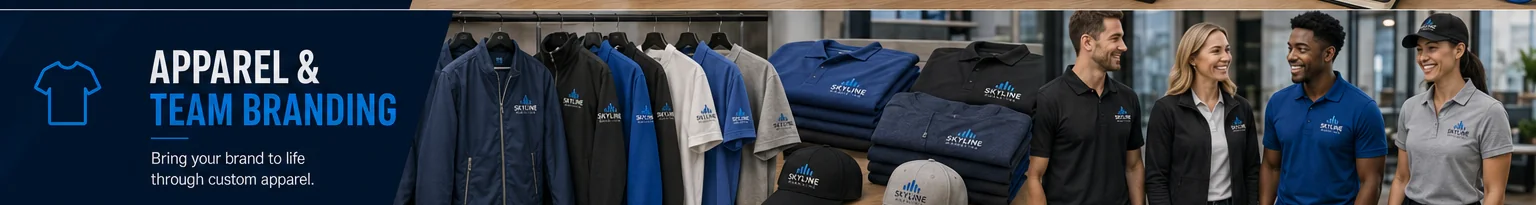 Custom apparel polos jackets hats and team branding from Skyline Marketing