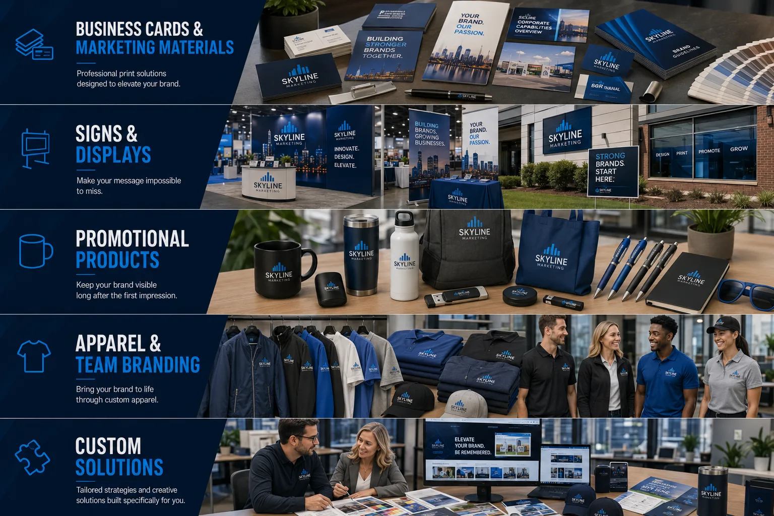 Skyline Marketing Create Custom print promotional signage apparel and custom solutions overview