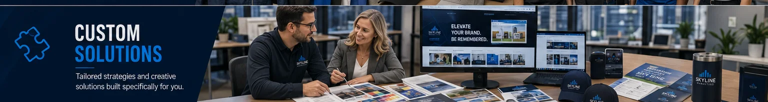 Custom marketing strategist reviewing product samples print proofs website mockups and campaign plans