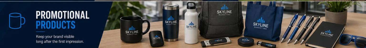 Promotional products drinkware bags pens and branded office items from Skyline Marketing