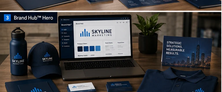 Skyline Brand Hub with logo files, business cards, apparel, and approved marketing materials