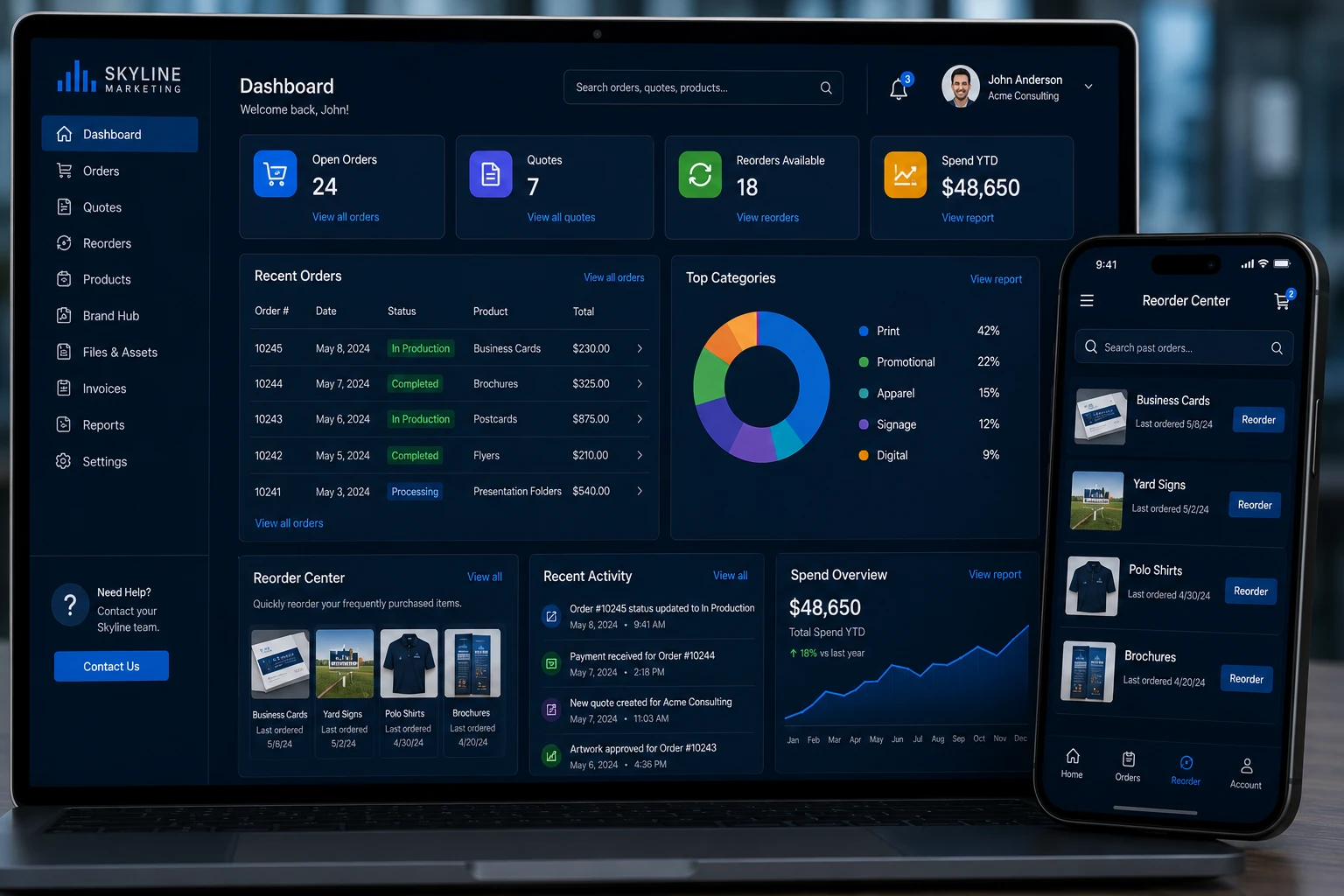 Skyline Commerce Platform customer dashboard with orders, quotes, reorders, and spend overview