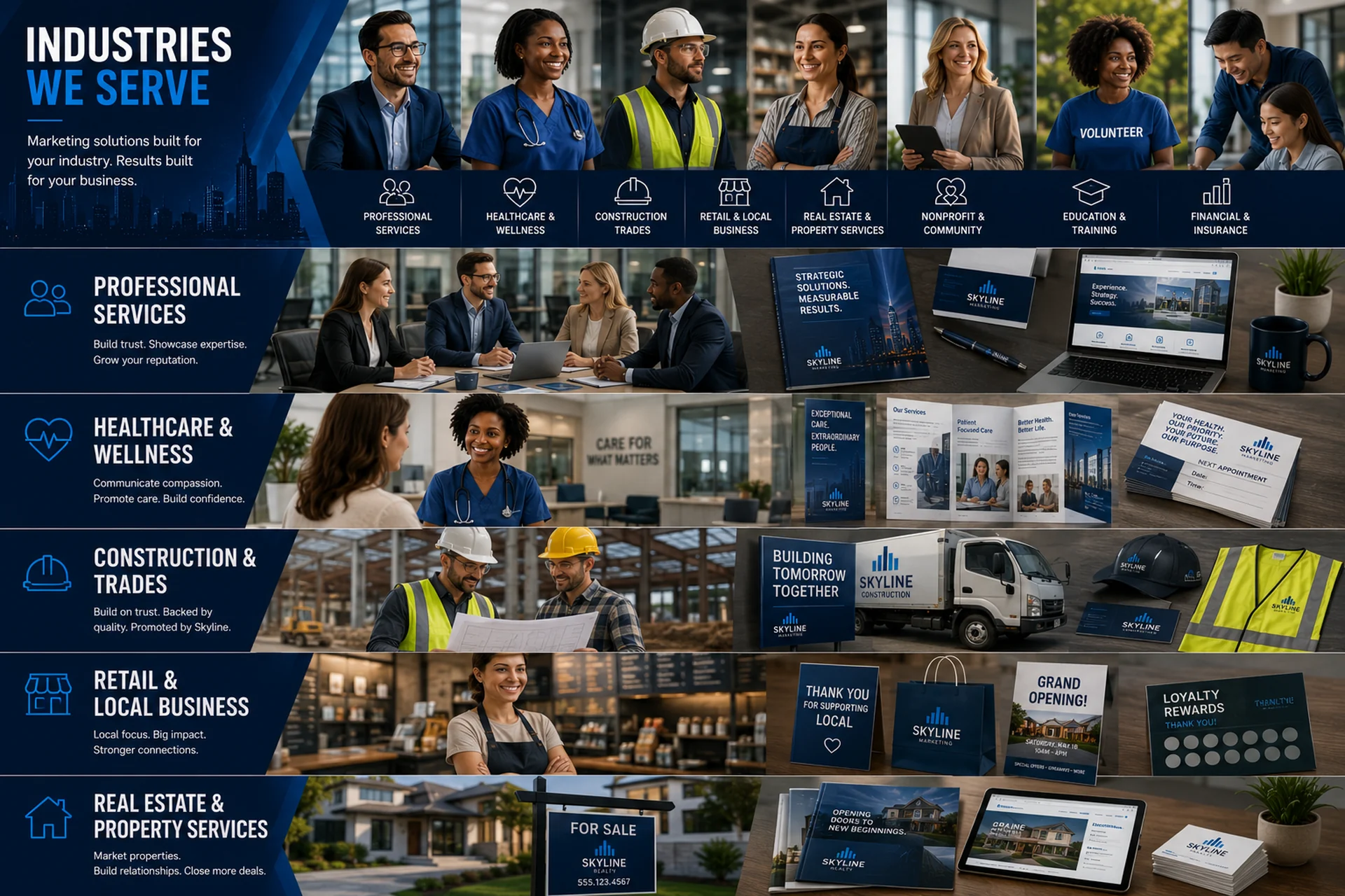 Skyline Marketing industry solutions overview for professional services, healthcare, construction, retail, real estate, nonprofit, education, and campaign packages