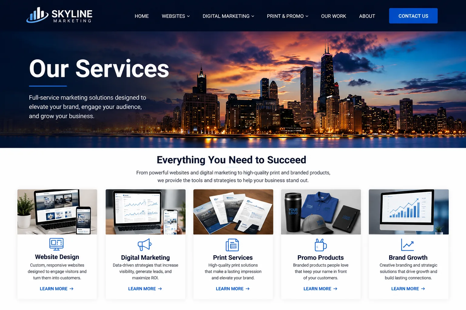 Skyline Marketing services overview with website design, digital marketing, print services, promo products, and brand growth